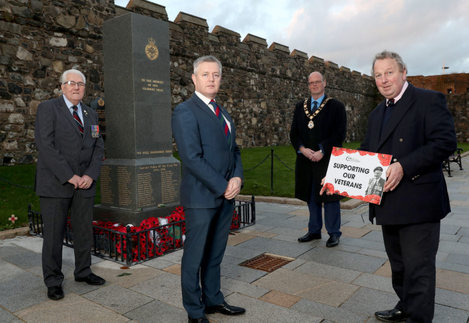 Local veteran Ron Harrison; Alderman Paul Michael, Council Veterans' Champion; Mayor of Antrim and Newtownabbey, Councillor Jim Montgomery; and Veterans Commissioner, Danny Kinahan.